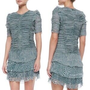 Isabel Marant Etoile Damia Ripple Print Ruched Tiered Silk Mini Dress Green 42